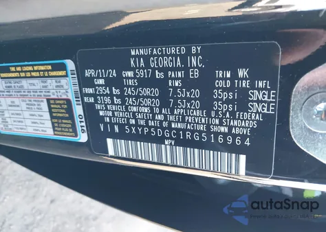 2024 Kia Telluride Sx Prestige z USA, uszkodzony, nr VIN 5XYP5DGC1RG516964